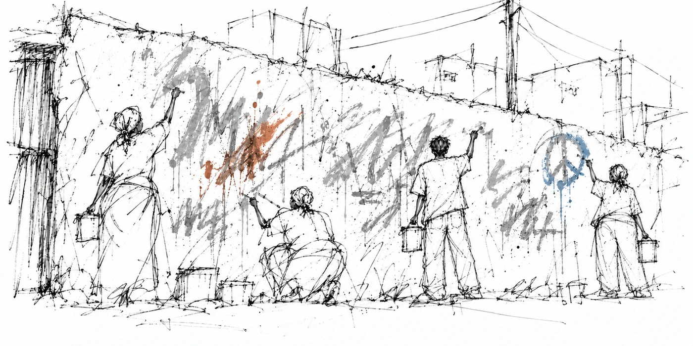 Loose pen sketch of four people painting an urban wall, with abstract lettering and rust and blue colour accents